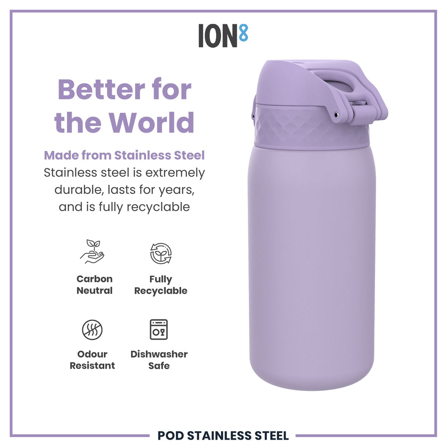 Ion8 Leak Proof Kids Water Bottle, Stainless Steel, Light Purple, 400ml (13oz)