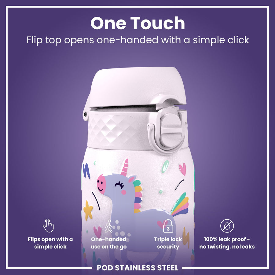 Ion8 Leak Proof Kids Water Bottle, Stainless Steel, Unicorns, 400ml (13oz)