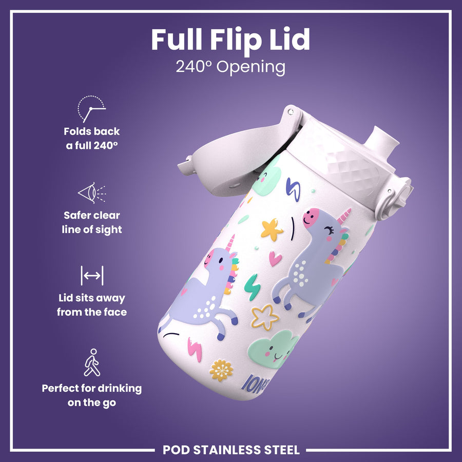 Ion8 Leak Proof Kids Water Bottle, Stainless Steel, Unicorns, 400ml (13oz)