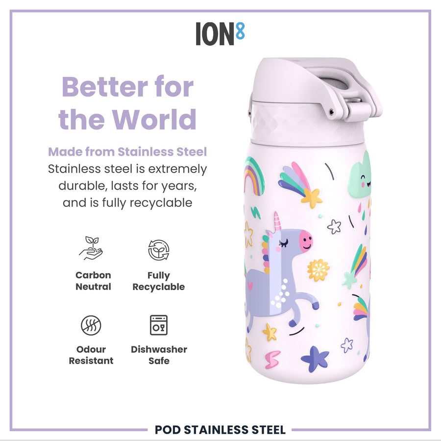Ion8 Leak Proof Kids Water Bottle, Stainless Steel, Unicorns, 400ml (13oz)