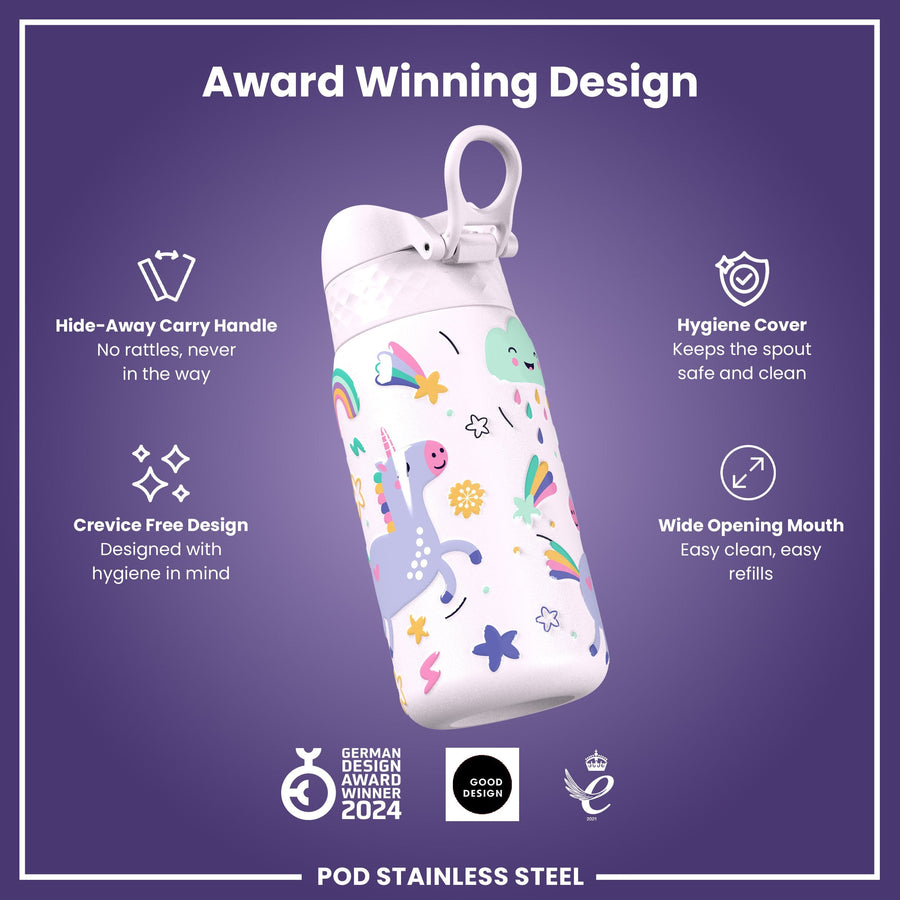 Ion8 Leak Proof Kids Water Bottle, Stainless Steel, Unicorns, 400ml (13oz)