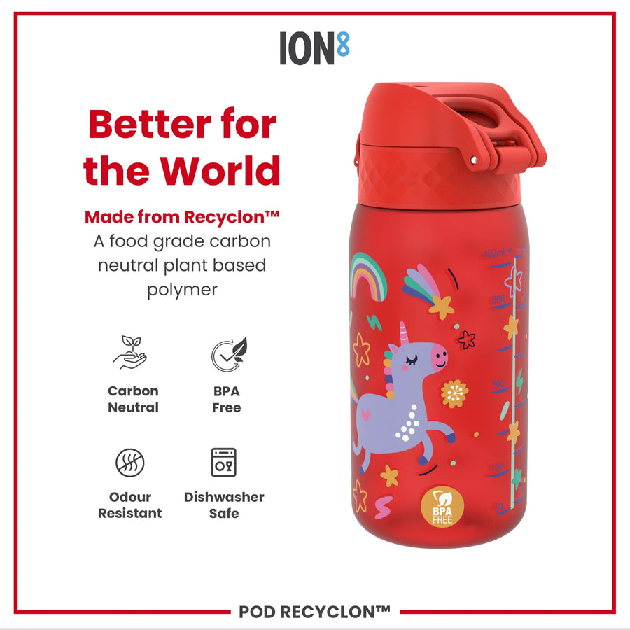 Ion8 Leak Proof Kids Water Bottle, Recyclon, Red Unicorns, 350ml (12oz)