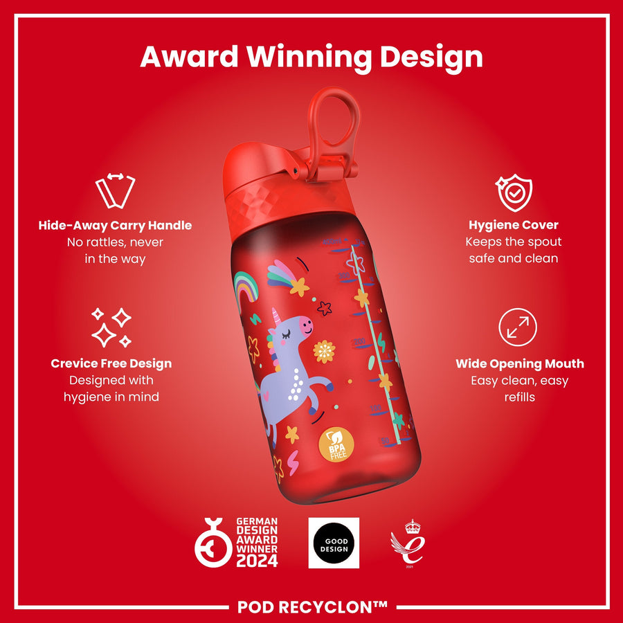 Ion8 Leak Proof Kids Water Bottle, Recyclon, Red Unicorns, 350ml (12oz)