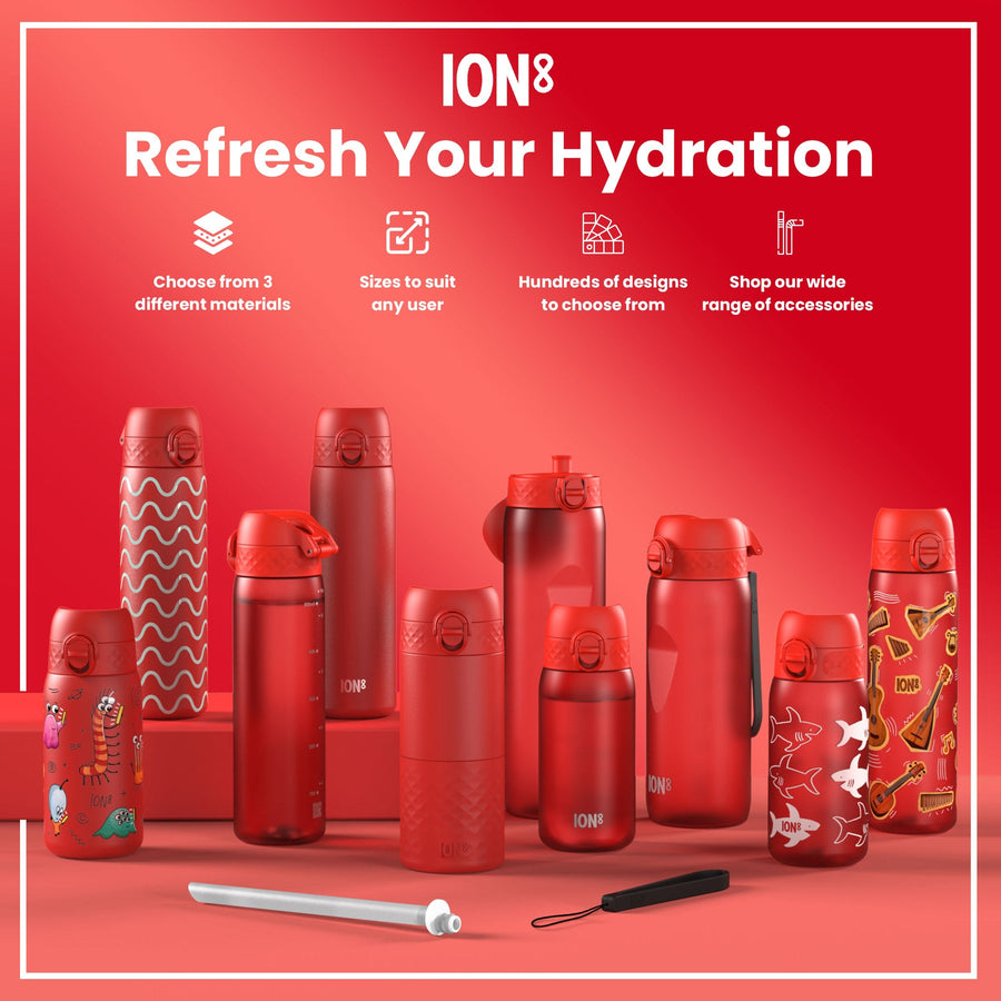 Ion8 Leak Proof Kids Water Bottle, Recyclon, Red Unicorns, 350ml (12oz)