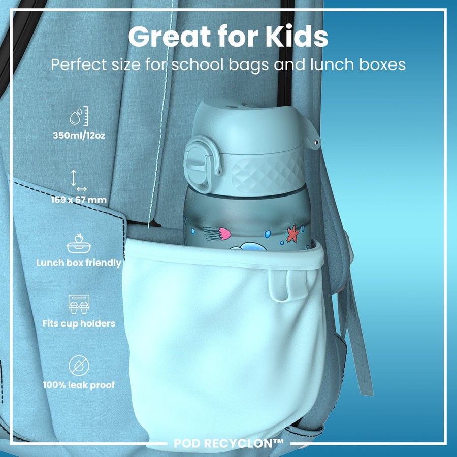 Ion8 Leak Proof Kids Water Bottle, Recyclon, Blue Unicorns, 350ml (12oz)
