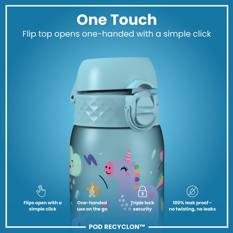 Ion8 Leak Proof Kids Water Bottle, Recyclon, Blue Unicorns, 350ml (12oz)