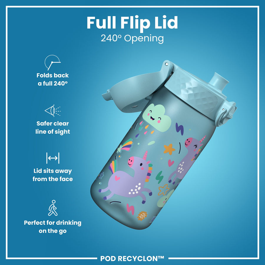 Ion8 Leak Proof Kids Water Bottle, Recyclon, Blue Unicorns, 350ml (12oz)