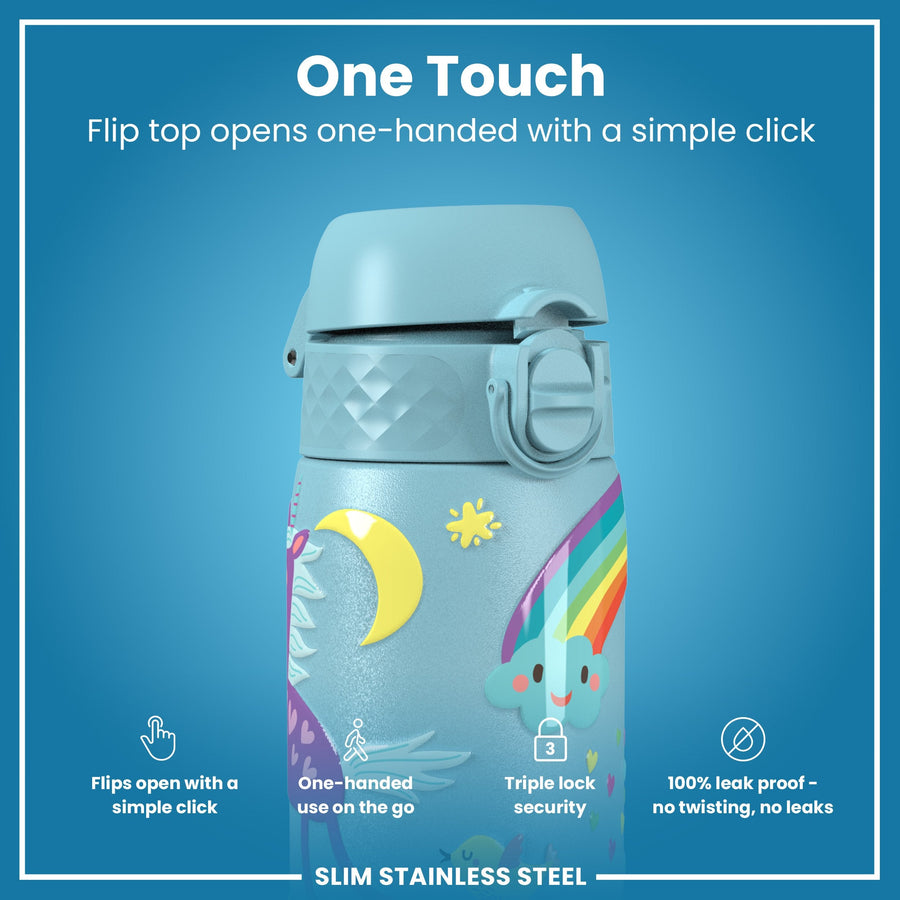 Ion8 Leak Proof Slim Water Bottle, Stainless Steel, Blue Unicorns, 600ml (20oz)