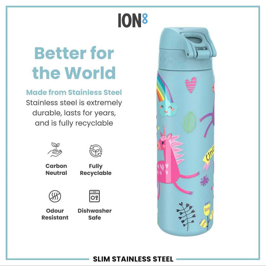Ion8 Leak Proof Slim Water Bottle, Stainless Steel, Blue Unicorns, 600ml (20oz)