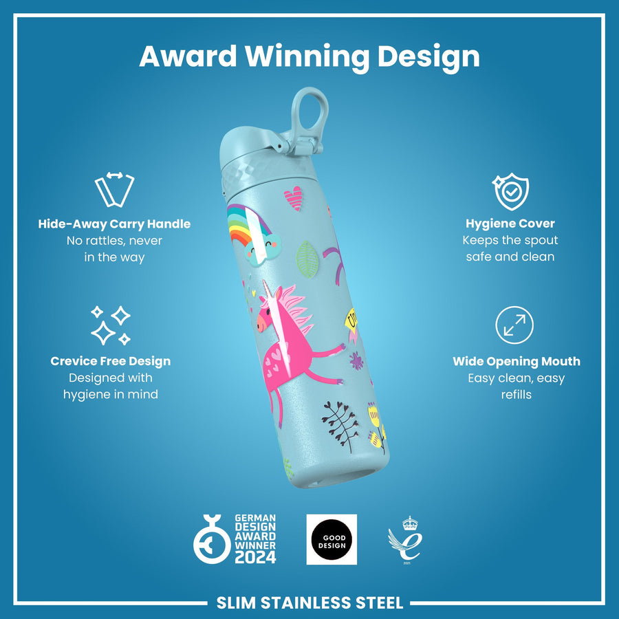 Ion8 Leak Proof Slim Water Bottle, Stainless Steel, Blue Unicorns, 600ml (20oz)