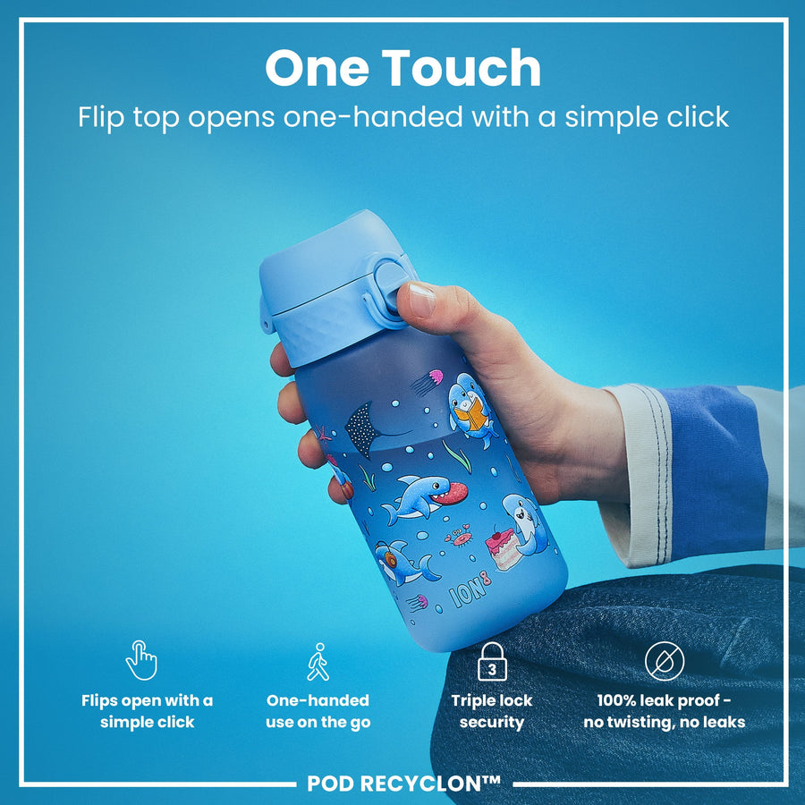 Ion8 Leak Proof Kids Water Bottle, Recyclon, Sharks, 350ml (12oz)