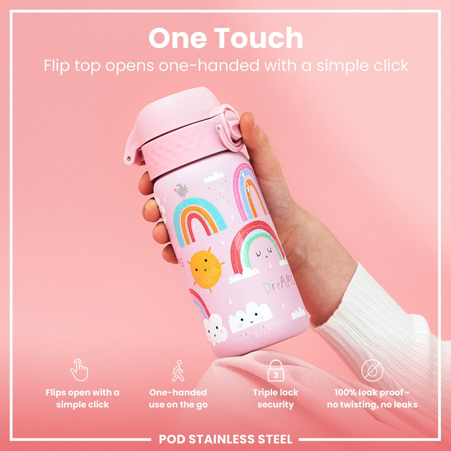 Ion8 Leak Proof Kids Water Bottle, Stainless Steel, Rainbows, 400ml (13oz)
