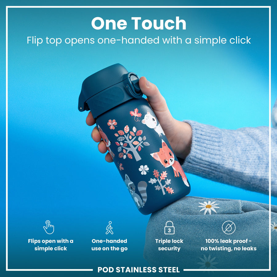 Ion8 Leak Proof Kids Water Bottle, Stainless Steel, Forest Animals, 400ml (13oz)
