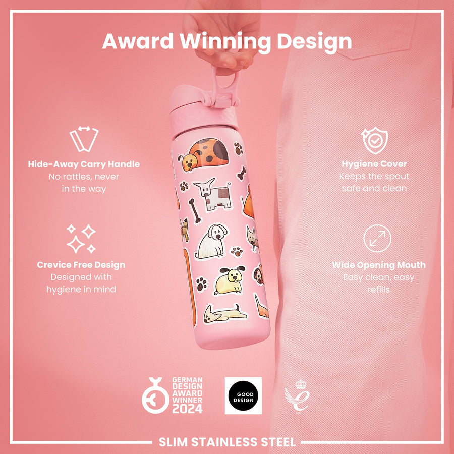Ion8 Leak Proof Slim Water Bottle, Stainless Steel, Dogs, 600ml (20oz)