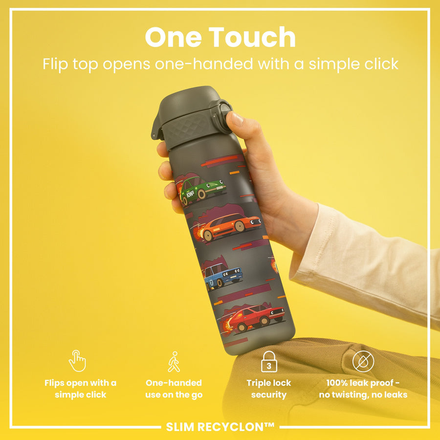 Ion8 Leak Proof Slim Water Bottle, Recyclon, Sport Cars, 500ml (18oz)