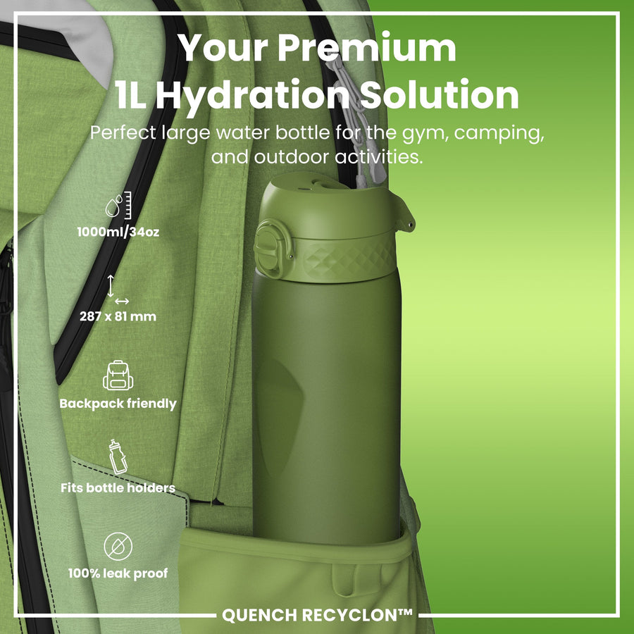 Ion8 Leak Proof 1 litre Water Bottle, Recyclon, Khaki Green, 1L