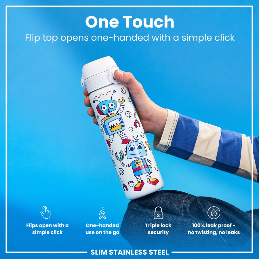 Ion8 Leak Proof Slim Water Bottle, Stainless Steel, Robots, 600ml (20oz)