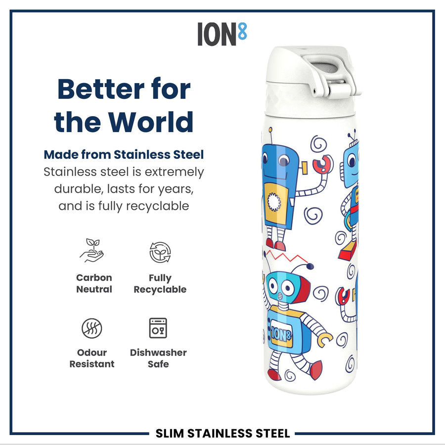 Ion8 Leak Proof Slim Water Bottle, Stainless Steel, Robots, 600ml (20oz)