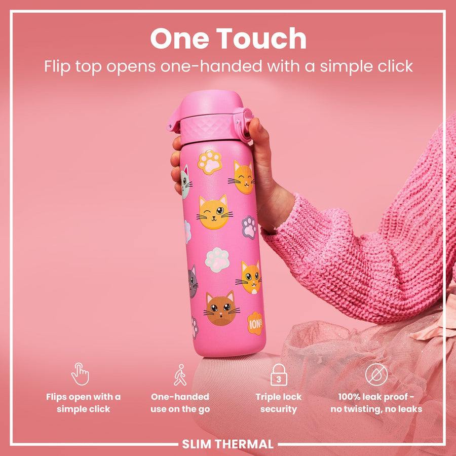 Ion8 Leak Proof Slim Thermal Steel Water Bottle, Insulated, Cats, 500ml (17oz)