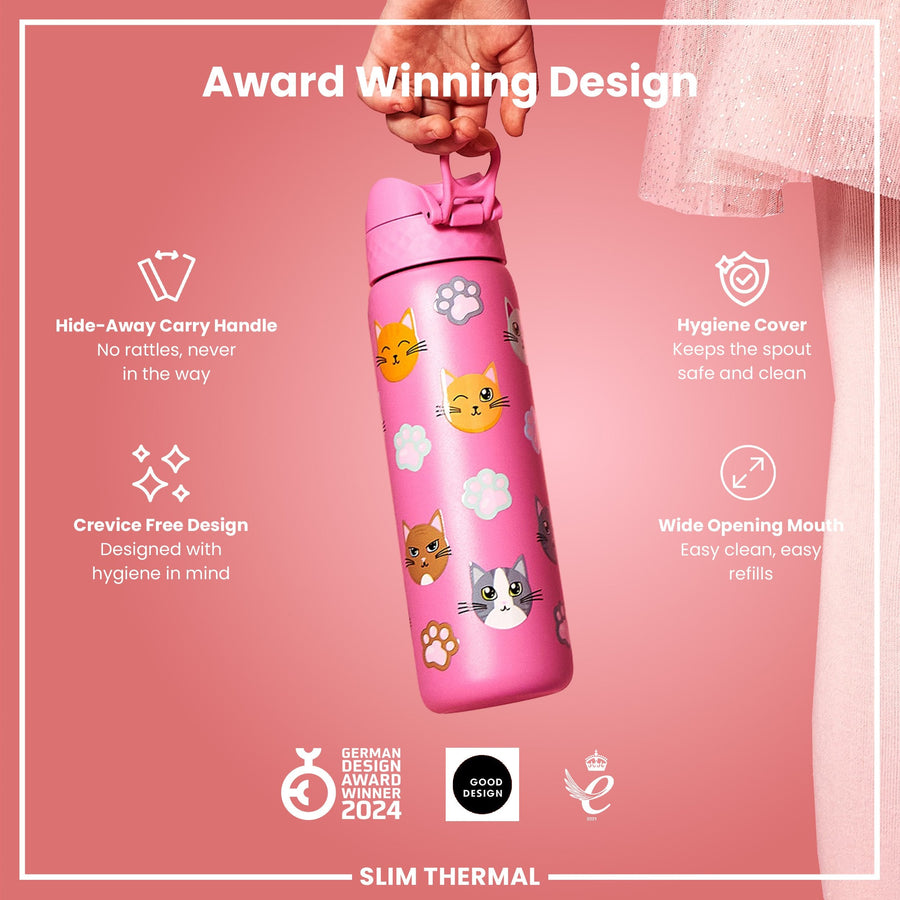 Ion8 Leak Proof Slim Thermal Steel Water Bottle, Insulated, Cats, 500ml (17oz)