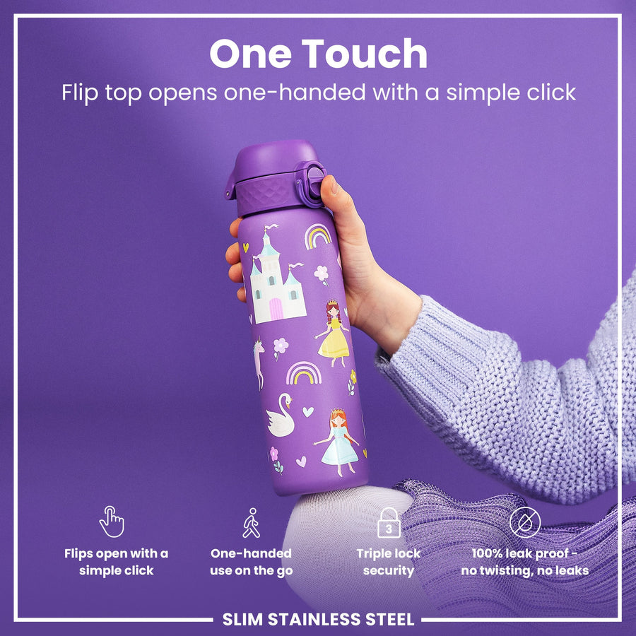 Ion8 Leak Proof Slim Water Bottle, Stainless Steel, Princess, 600ml (20oz)