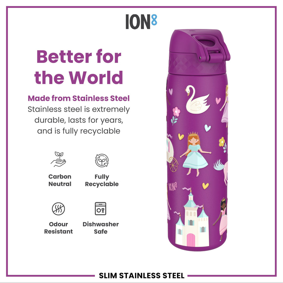 Ion8 Leak Proof Slim Water Bottle, Stainless Steel, Princess, 600ml (20oz)