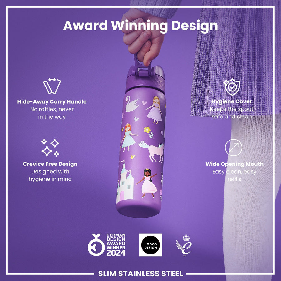 Ion8 Leak Proof Slim Water Bottle, Stainless Steel, Princess, 600ml (20oz)