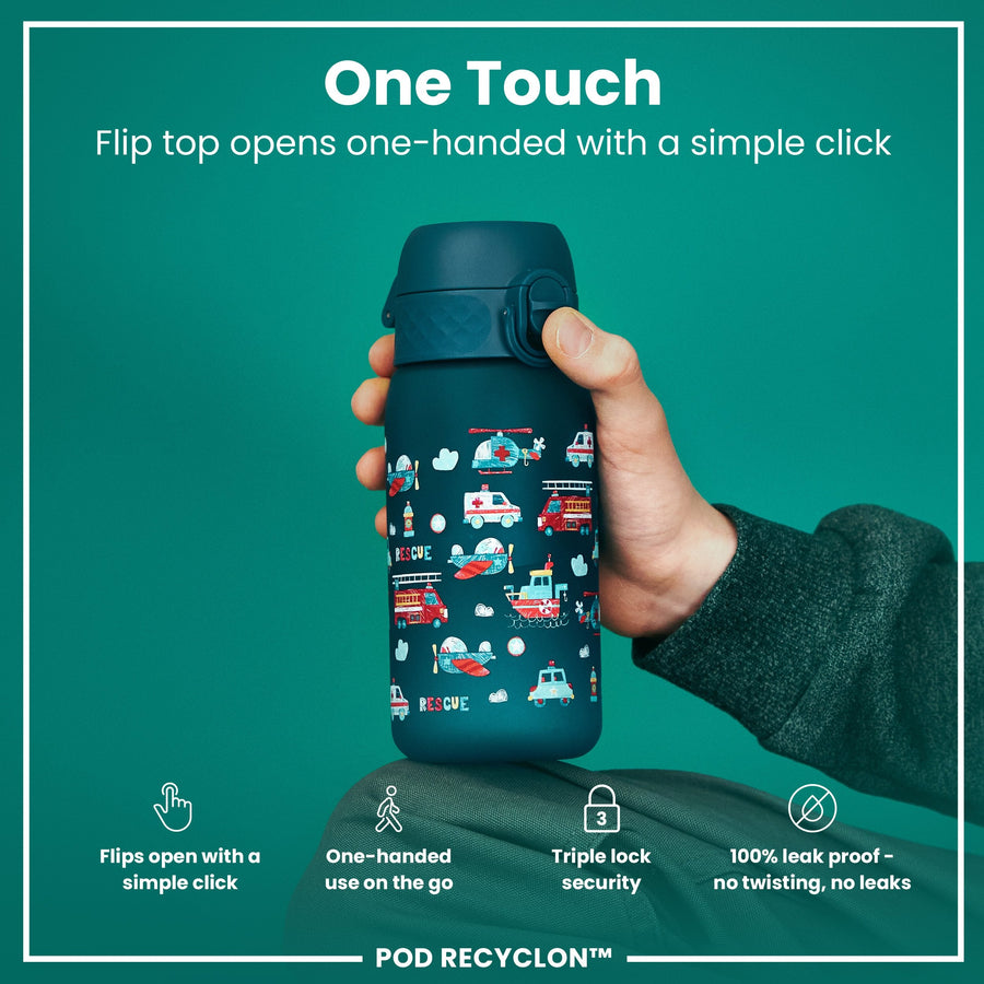 Ion8 Leak Proof Kids Water Bottle, Recyclon, Rescue Vehicles, 350ml (12oz)