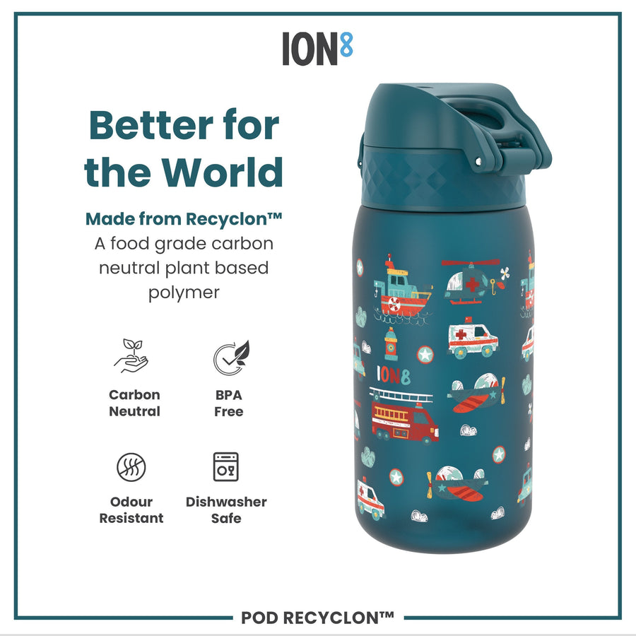 Ion8 Leak Proof Kids Water Bottle, Recyclon, Rescue Vehicles, 350ml (12oz)