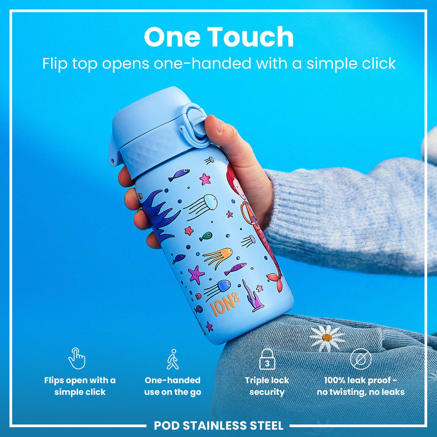 Ion8 Leak Proof Kids Water Bottle, Stainless Steel, Mermaids, 400ml (13oz)
