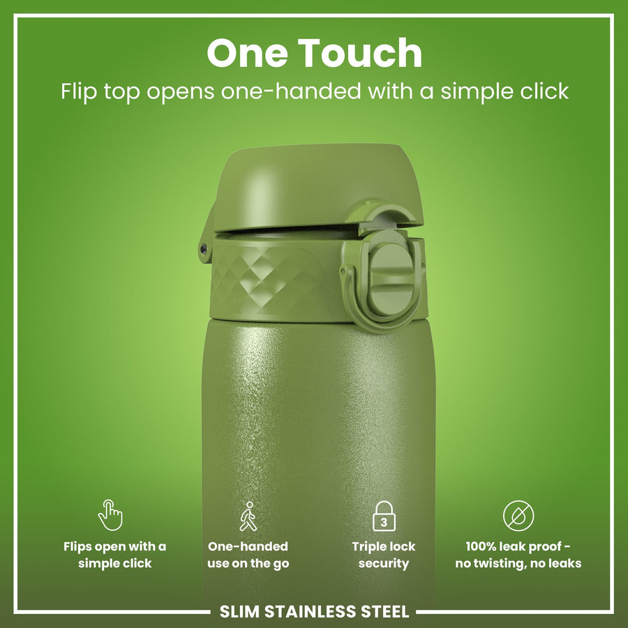 Ion8 Leak Proof Slim Water Bottle, Stainless Steel, Khaki Green, 600ml (20oz)