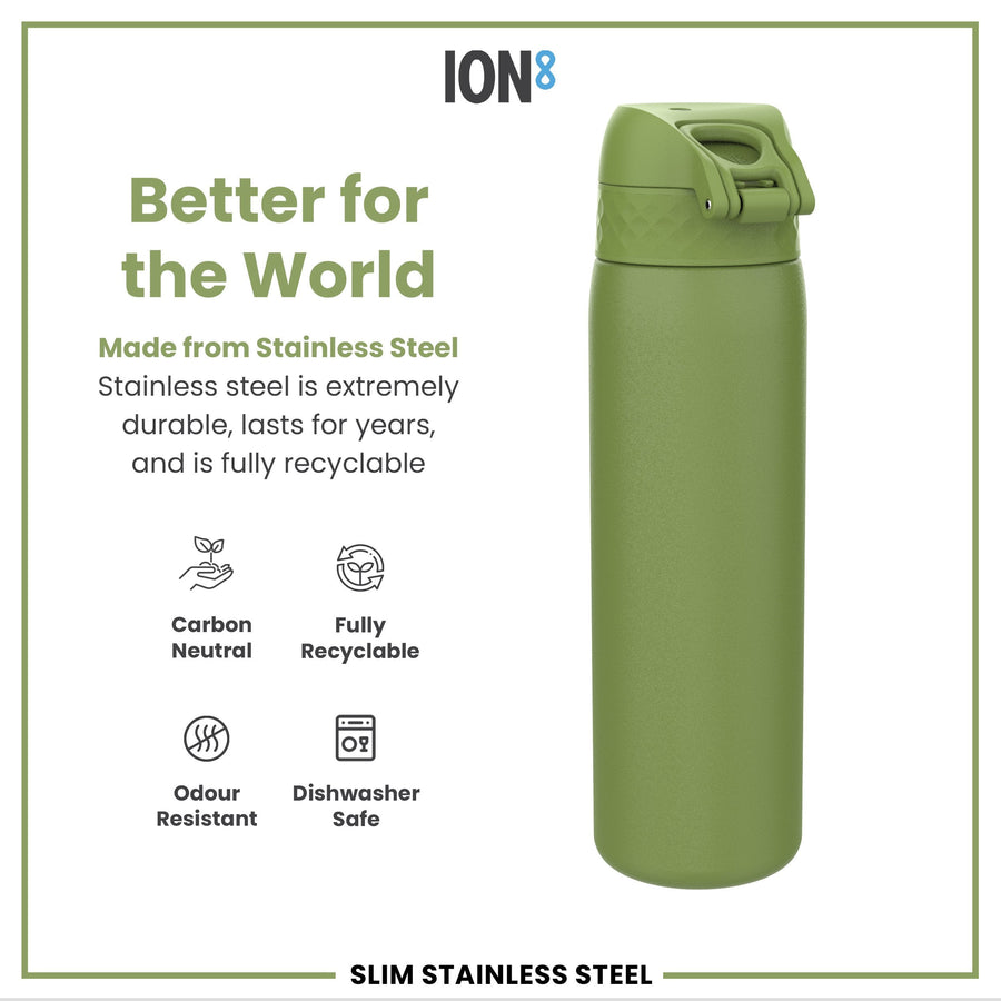 Ion8 Leak Proof Slim Water Bottle, Stainless Steel, Khaki Green, 600ml (20oz)