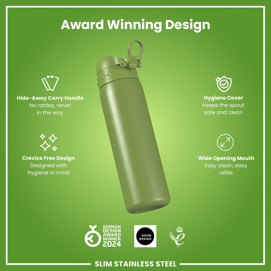 Ion8 Leak Proof Slim Water Bottle, Stainless Steel, Khaki Green, 600ml (20oz)