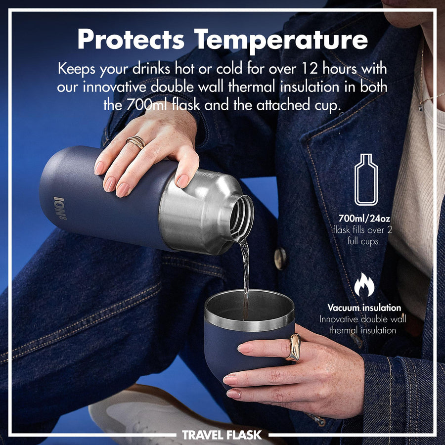 Ion8 Luma Vacuum Insulated, Flask & Mug, Ash Navy, 700ml (24oz)