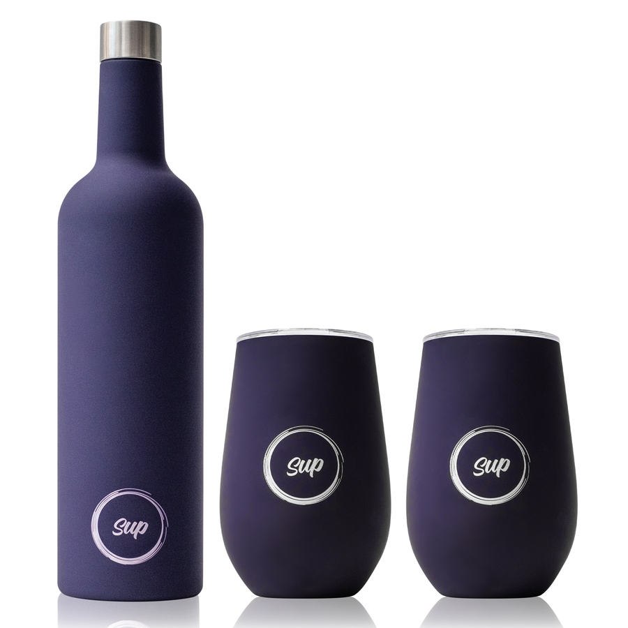 Sup Drinkware Insulated Wine Bottle Gift Set 750ml Stainless Steel Wine Bottle and 2 Insulated Wine Tumblers with lid Soft Navy