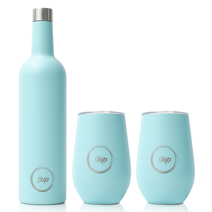 Sup Drinkware Insulated Wine Bottle Gift Set 750ml Stainless Steel Wine Bottle and 2 Insulated Wine Tumblers with lid Aqua Turquoise