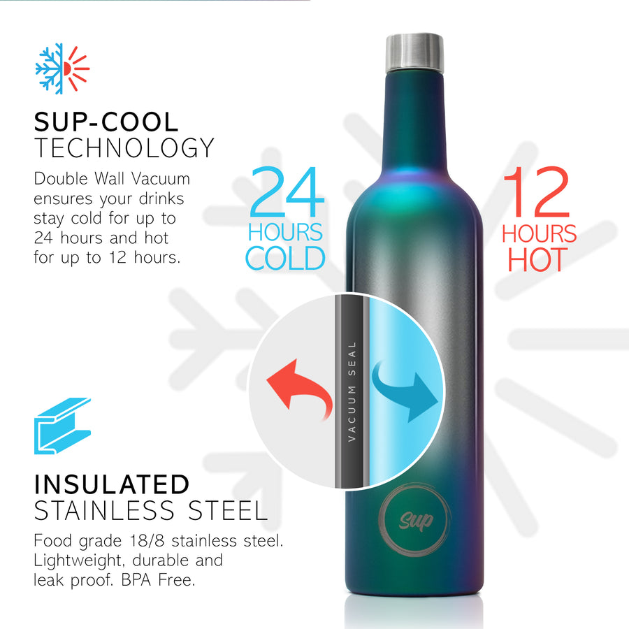 Sup insulated wine bottle stays cold for 24 hours, perfect partner for wine at beach days and bbqs