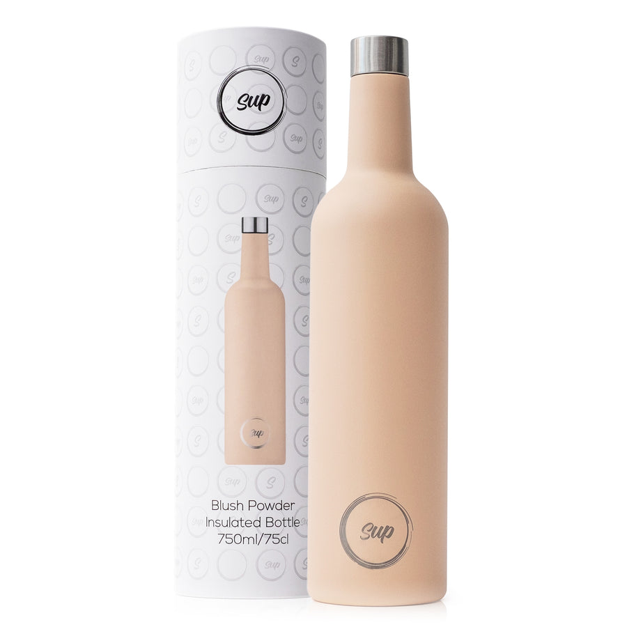a blush pink insulated wine bottle and packaging ships from uk